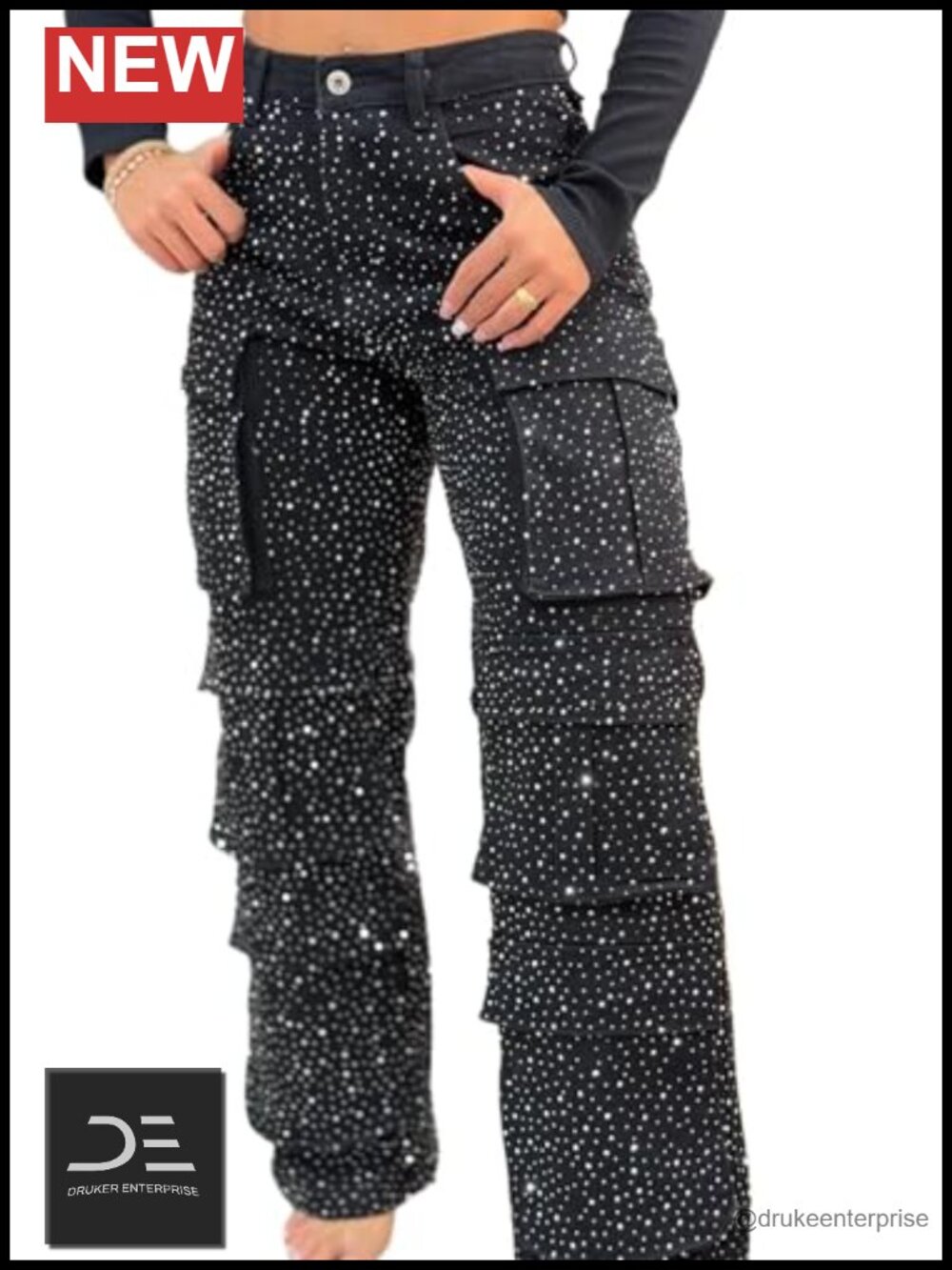 High Waisted Rhinestone Cargo Jeans, Multi-Pocket Wide Leg Denim Pants